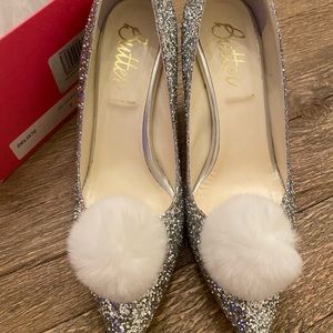 Butter Shoes silver glitter and white rabbit fur Pom Pom Pumps
